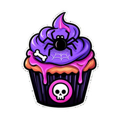 Spooky halloween cupcake with purple frosting spider and bone decoration isolated on transparent background