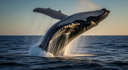 Fototapeta premium Majestic humpback whale breaching the ocean surface at sunset, creating a spectacular display of power and grace.