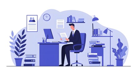 Professional Confident Businessman Reviewing Important Legal Documents In Classic Elegant Office Setting, Focused Male Executive Analyzing Contract Papers And Corporate Law Strategy