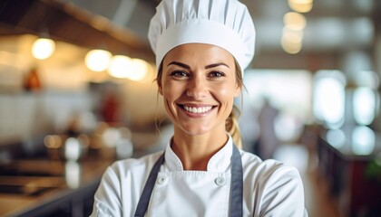 Smiling Chef in Kitchen: A confident chef, donning a traditional toque and apron, beams with a warm smile in a well-lit commercial kitchen, inviting viewers to imagine the culinary experience.