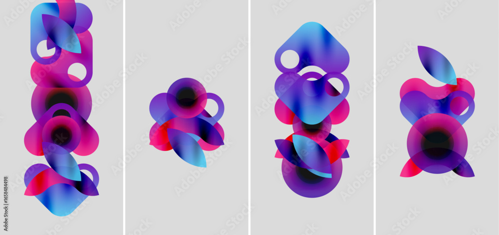 Poster abstract colorful shapes overlap, creating vibrant compositions. four panels display fluid forms, gr