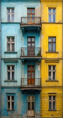 Fototapeta premium Colorful apartment building facade, aged, pastel hues