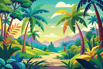Tropical paradise illustration featuring palm trees lush foliage and serene landscape with transparency effect.