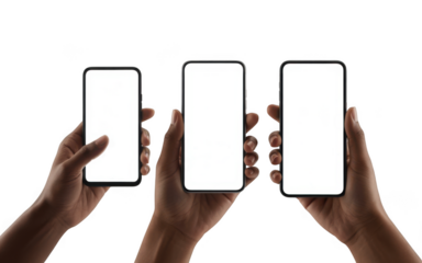 Three hands holding glowing smartphones with blank screens isolated on transparent background