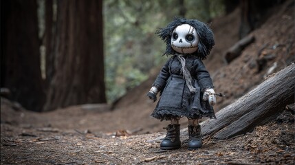 Dark doll figurine in forest path