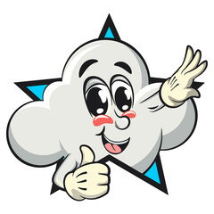 cute cloud cartoon mascot character vector illustration out from of a star by giving a thumbs up, work of hand drawn