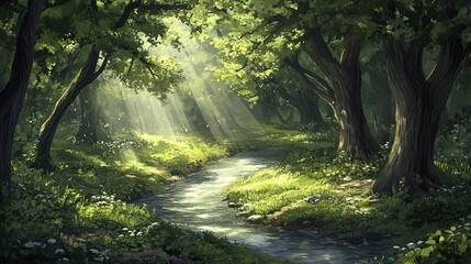 Fototapeta premium Sunlight streams through a lush forest