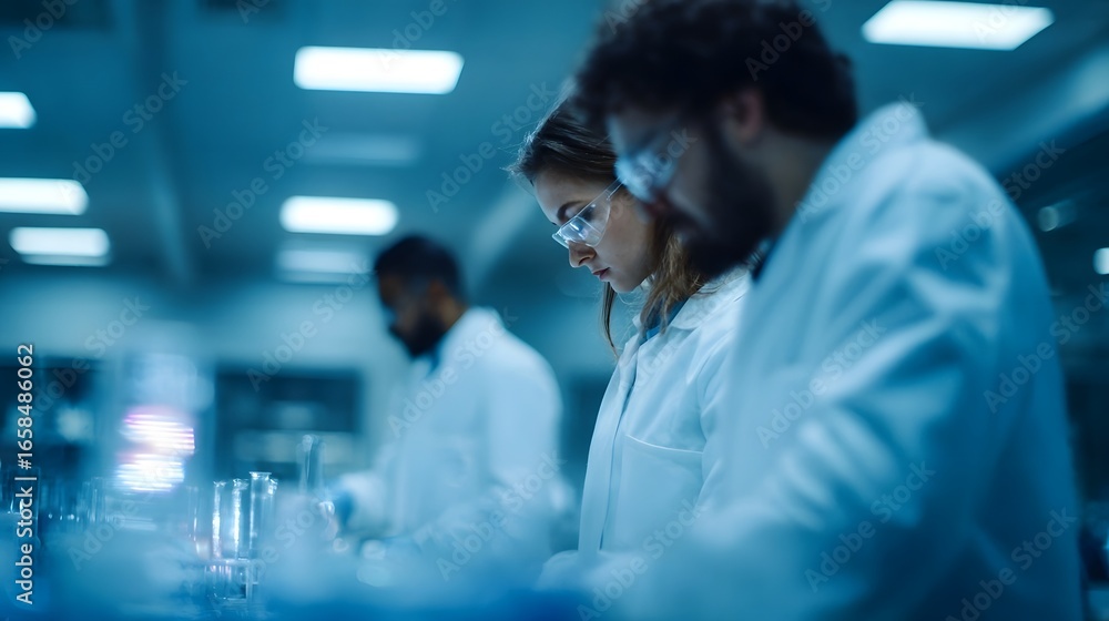 Poster phar eutical laboratory with scientists conducting experiments