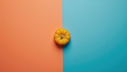 A small yellow pumpkin sitting on top of a blue and orange surface.