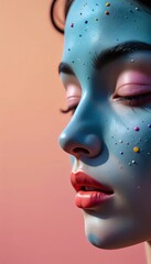 A close up of a woman's face covered in blue paint.