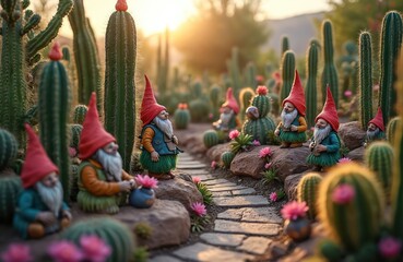Fototapeta premium Whimsical cactus garden scene at sunrise features several garden gnomes with red hats, dressed in green. Stone path winds through cacti, small pink flowers, with soft golden glow illuminating