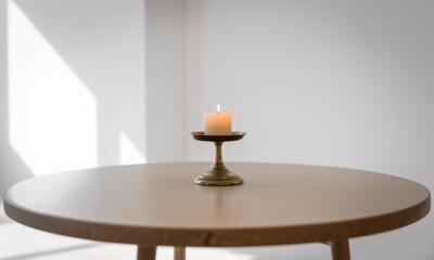 Lit candle on ornate stand on round table, with light and shadow pattern