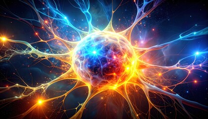Electrifying Neuron: A mesmerizing visual of a neuron firing, showcasing an electric, vibrant burst of neural activity in the vastness of the universe.