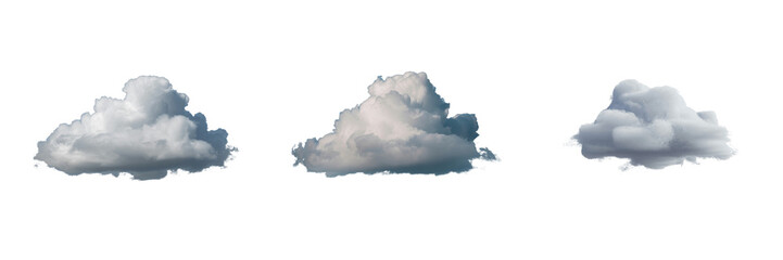 Three fluffy cumulus clouds isolated on a transparent background