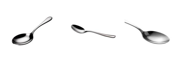 Three silver spoons in different orientations isolated on a transparent background