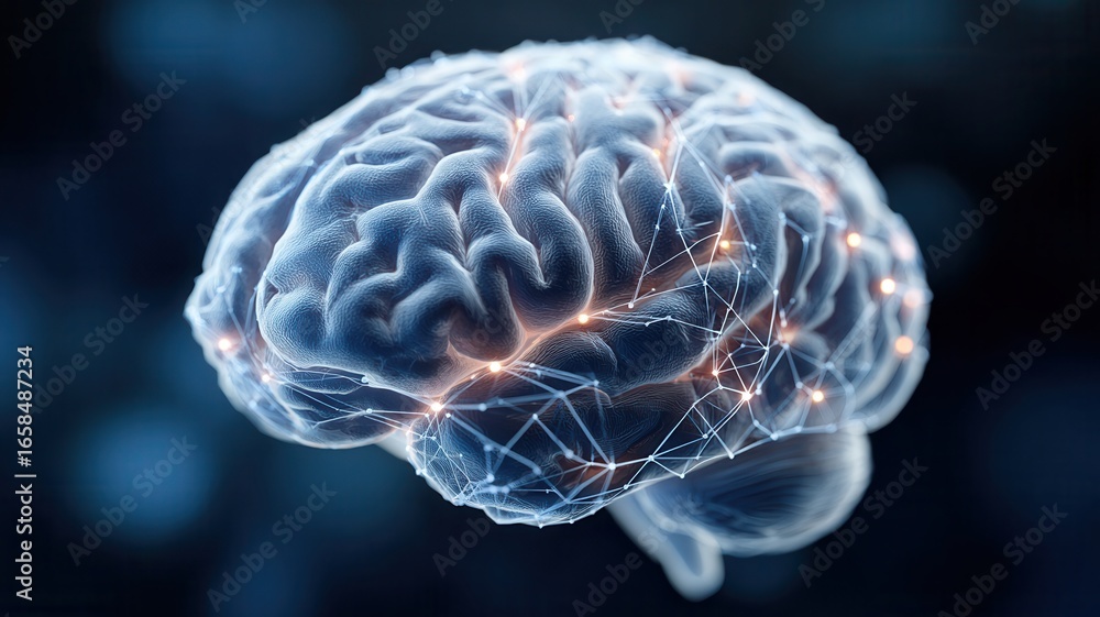 Poster glowing network connecting different areas a human brain, symbolizing neural processes and activity 