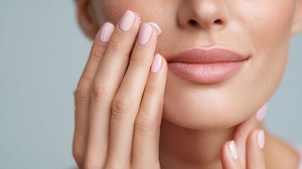 Woman gently applying moisturizer, smoothing cream across facial skin, emphasizing skincare routine and healthy glowing complexion