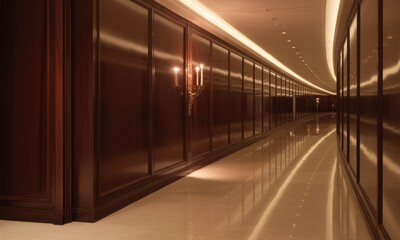 Fototapeta premium Long, polished corridor with paneled walls and subtle lighting