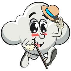cute cloud cartoon mascot character vector illustration carrying a stick and saluting and raised hat, work of hand drawn