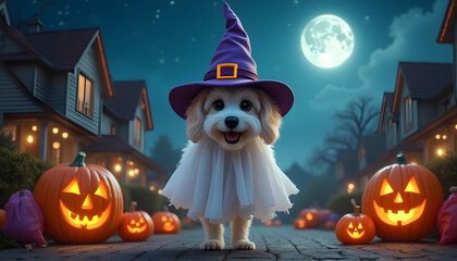Friendly Ghost Dog Wearing Witch Hat Float Above Halloween Pumpkins Under Full Moon in Spooky Night Scene
