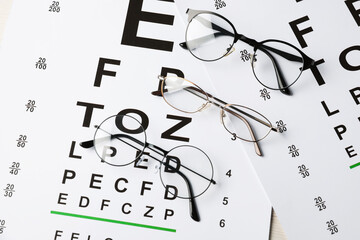 Glasses on vision test charts, flat lay