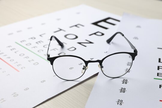 Vision test charts and glasses on wooden table, closeup