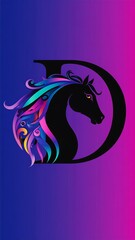 Horse head inside a letter D, vibrant colors