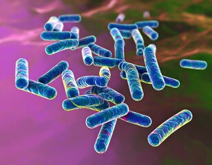 Microscopic view of rod-shaped bacteria with blue and yellow hues against a blurred purple background.