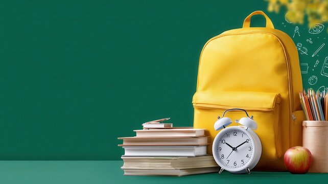 School supplies, yellow backpack, alarm clock, books, apple and stationery against green chalkboard with to symbolizing back drawings school