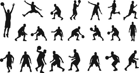 Silhouette vector set of basketball players dribbling, shooting, passing, jumping, dunking and defending in various action and training poses