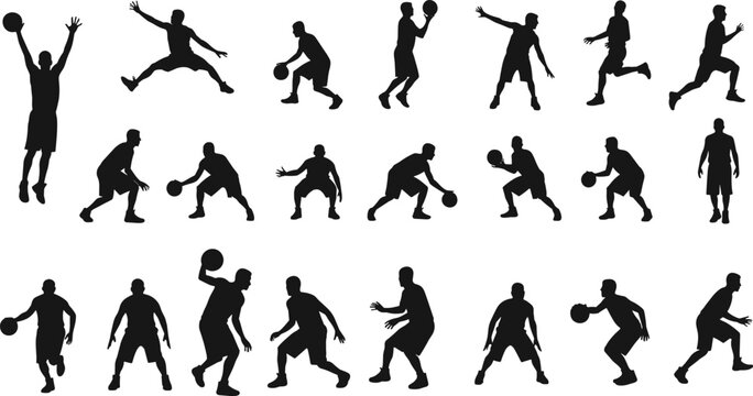Silhouette vector set of basketball players dribbling, shooting, passing, jumping, dunking and defending in various action and training poses - Powered by Adobe