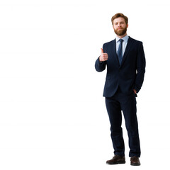 Confident businessman in a suit giving a thumbs up gesture, isolated on a white background.