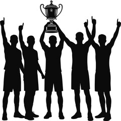 Silhouette vector of winning sports team lifting trophy, celebrating success, unity, teamwork, and championship victory, ideal for design projects