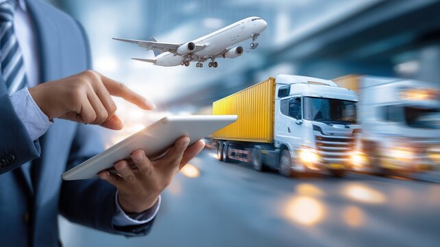 Businessman using a digital tablet is managing air and road freight with and trucks transport airplane