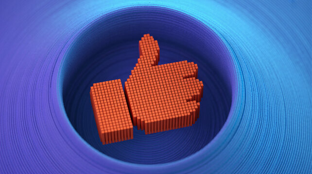 Vibrant orange pixelated thumbs-up symbol emerges from swirling blue abstract vortex, capturing positive engagement. - Powered by Adobe