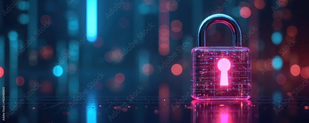 Poster digital padlock with glowing pink keyhole on dark blue background with abstract glowing lights repre