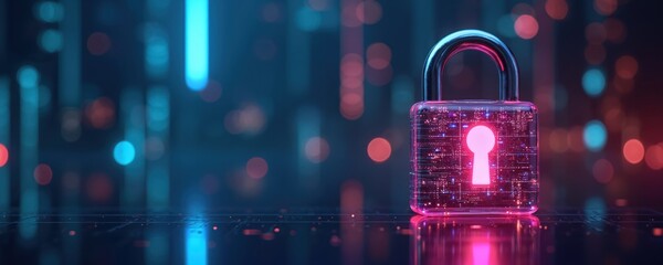 Digital padlock with glowing pink keyhole on dark blue background with abstract glowing lights representing data streams. Secure cyberspace concept. Quantum computing security technology theme.