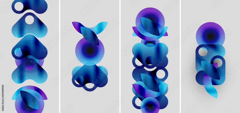 Poster abstract blue shapes overlap, creating dynamic compositions. gradient colors suggest depth, light, m