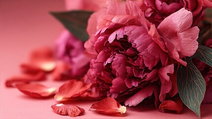 Lush pink peonies bloom with fallen petals on soft pink background