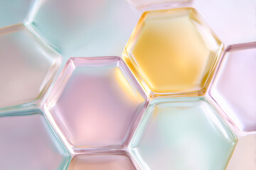 Close-up of pastel colorful glass hexagons in irregular arrangement with soft glowing light and smooth reflective surfaces, gentle tones and intricate details

