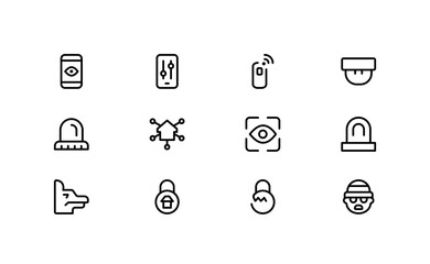 Home Security Icon Collection – Flat Linear Outline Vector Set with Shield, Lock, CCTV Camera, Key, Alarm, Safe, Door, Clean Modern Pack for Apps, Websites, and Branding Projects