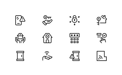 Home Security Symbol Pack – Flat Outline Linear Vector Collection with Lock, CCTV, Shield, Alarm, Key, House, Protection, Perfect for Apps, Web, Infographic, and Branding Use