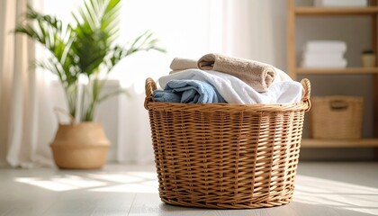 Obraz premium Clean Laundry Basket in a Bright Room: A wicker laundry basket, overflowing with freshly laundered clothes and fluffy towels, sits in a sunlit room.