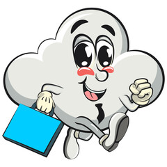 cute cloud cartoon mascot character vector illustration with a suitcase rushing to the office, work of hand drawn
