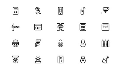 Outline Security Icon Collection – Flat Linear Vector Set of CCTV, Shield, Lock, Alarm, House, Key, Safe, Clean Modern Pack for Web, Apps, Infographics, and Print Projects