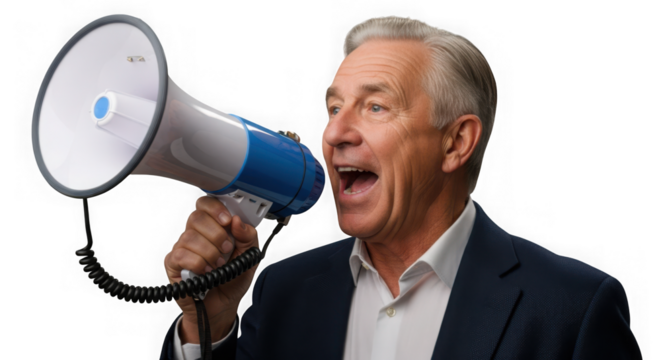 Man shouting into megaphone, public announcement isolated on transparent background