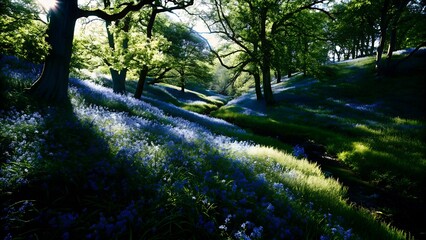 Naklejka premium serene bluebell valley with sunlit trees and rolling hills