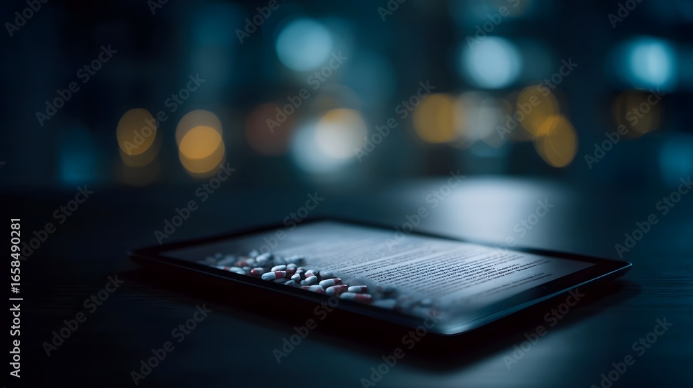 Poster digital tablet displaying medical information in a dimly lit high tech setting