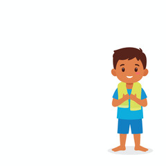 Cartoon illustration of a young boy wearing a towel and swim attire, standing and smiling.