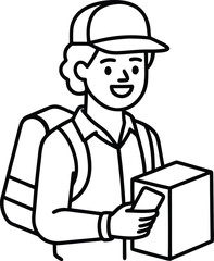 
2d vector illustration a courier wearing a shirt is delivering a package mobile 
